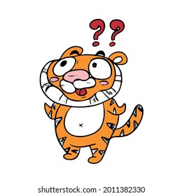 Cute cartoon striped red tiger is at a loss .Hand-drawn children's vector illustration on a white isolated background for banners.