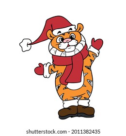 Cute cartoon striped red tiger in a hat and cuddle boots. children's vector illustration on a white isolated background for banners.