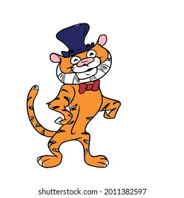 Cute cartoon striped red tiger in a hat . children's vector illustration on a white isolated background for banners.