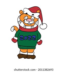 Cute cartoon striped red tiger in a hat and boots in a green sweater. children's vector illustration on a white isolated background for banners.