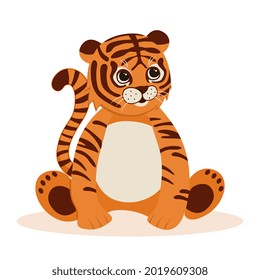 Cute cartoon striped red tiger. Children picture for printing on paper and on fabric. Kind wild animal. Design element. Cartoon modern flat vector illustration isolated on a white background