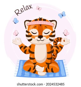 Cute cartoon striped red tiger happy doing yoga in lotus position. Funny baby tiger on pink background with butterflies and relax.