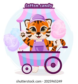 Cute cartoon striped red tiger happy vendor cotton candy street mobile store. Funny baby tiger on blue background. 