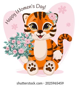 Cute cartoon striped red tiger happy and cool with bouquet of flowers. Funny baby tiger on heart background with flowers. Happy Women's Day.