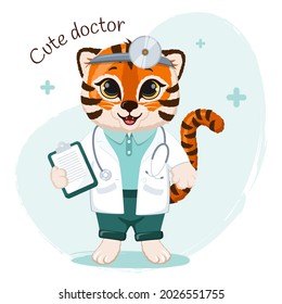 Cute cartoon striped red tiger happy doctor with stethoscope and medical gown. Funny baby tiger on medical background. 