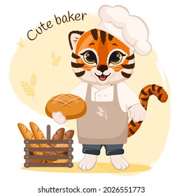 Cute cartoon striped red tiger happy baker with chef's hat and apron. Funny baby tiger on bakery background with bread and wheat. 