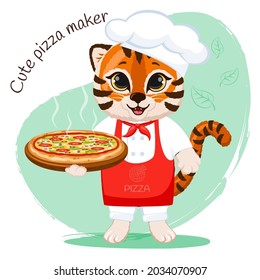 Cute cartoon striped red tiger happy pizza maker with chef's hat and apron. Funny baby tiger on green background with pizza. 