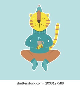 Cute cartoon striped red tiger. The tiger lies on the snow and makes a snow angel. Printing for children's T-shirts, greeting cards, posters. Hand-drawn vector stock illustration isolated on a white