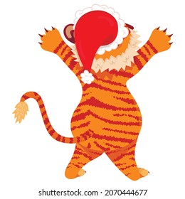 Cute cartoon striped red tiger. A tiger in a Christmas hat is standing backwards. Printing of children's t-shirts, cards, posters. Hand drawn vector stock illustration isolated on white.
