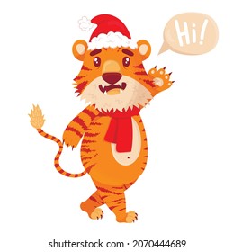 Cute cartoon striped red tiger. Tiger in a Christmas hat waves his hand. Printing of children's t-shirts, cards, posters. Hand drawn vector stock illustration isolated on white.
