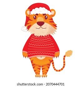 Cute cartoon striped red tiger. A tiger in a Christmas sweater and hat is standing. Printing of children's t-shirts, cards, posters. Hand drawn vector stock illustration isolated on white.