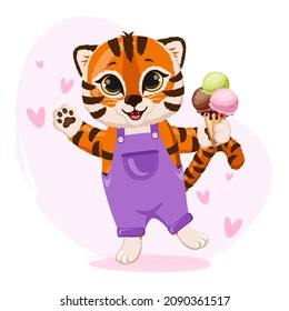 Cute cartoon striped red tiger happy with ice cream. Funny baby tiger on pink background with hearts. 