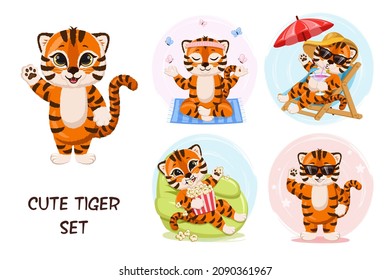 Cute Cartoon Striped Red Tiger Set Happy And Funny Baby. Yoga, Relax, Watch Movie, Cool Star.