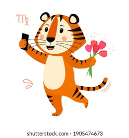 Cute cartoon striped red tiger.Tiger with bouquet of flowers takes selfie on smartphone. Printing for children's T-shirts, greeting cards, posters. Hand-drawn vector stock illustration isolate