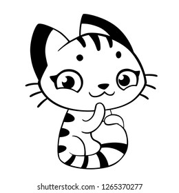 Cute cartoon striped shy cat vector, black and white isolated on the white background