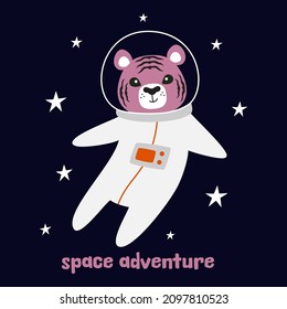 cute cartoon striped tiger, astronaut tiger in space, greeting card for children