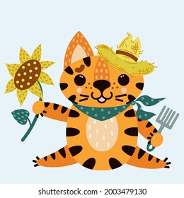 Cute cartoon striped tiger. Cat in a straw hat and a scarf. The animal is holding a rake and a sunflower. Kitten farmer. Vector isolated icon on white background. Flat style. Symbol of 2022.