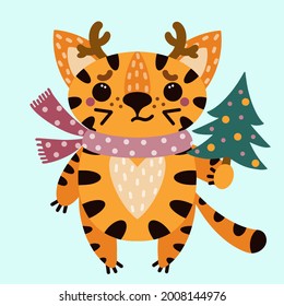 Cute cartoon striped tiger. Isolated icon on white background. Animal with deer horns and a Christmas tree. The cat in the scarf. Symbol 2022. Hand-drawn kitten. Flat style.