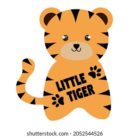 Cute cartoon striped tiger. Printing for children's T-shirts, greeting cards, posters. Hand-drawn vector stock illustration.