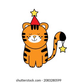 Cute cartoon striped tigers . Funny baby tiger on white background for Merry Christmas card
