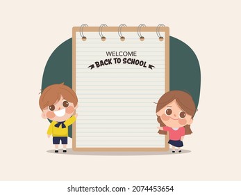 Jolie étudiante en bande dessinée Retour à l'école avec arrière-plan papier à lettres pour ordinateur portable.