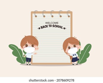 Cute cartoon student Back to school with notebook stationery background.