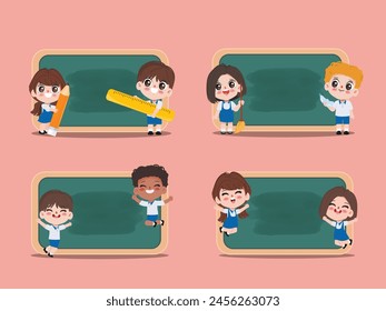 Lindo estudiante de dibujos animados de vuelta al concepto de la escuela con fondo de pizarra.