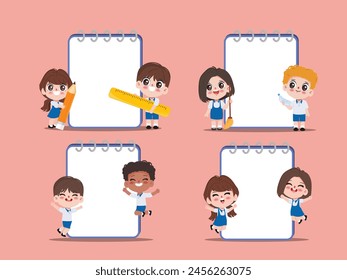 Cute cartoon student back to school concept with notes background.