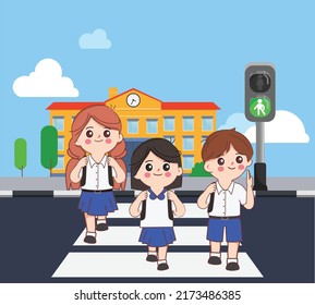 Cute Cartoon Student Crossing The Crosswalk Background School.