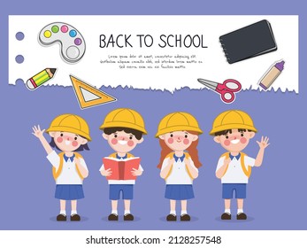 Cute cartoon student girl back to school with stationery concept background.