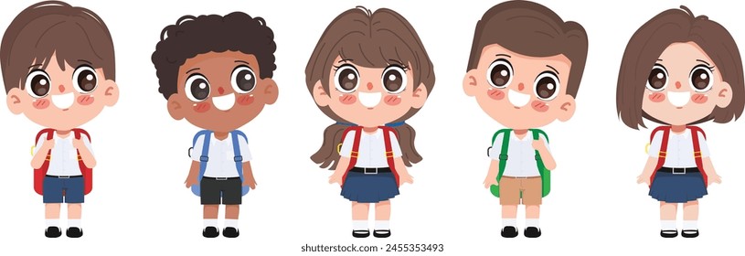 Lindo estudiante de dibujos animados en uniforme de vuelta al personaje de la escuela.