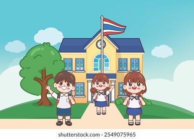 Lindo estudiante de dibujos animados en uniforme de regreso al personaje de la escuela. Vector premium de uniforme escolar tailandés.