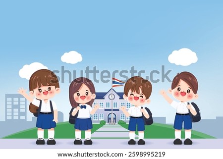 Cute cartoon student in uniform back to school. Thai school uniform premium vector.