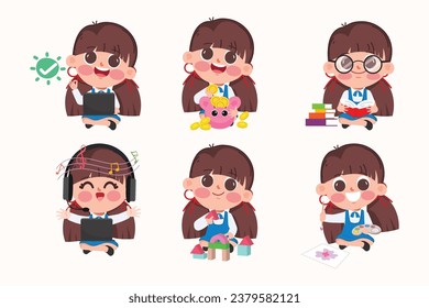 Cute cartoon Students Back to school and learning in the classroom character. Set of cartoon children gesture pose.