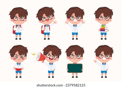 Cute cartoon Students Back to school and learning in the classroom character. Set of cartoon children gesture pose.