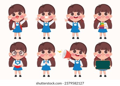 Cute cartoon Students Back to school and learning in the classroom character. Set of cartoon children gesture pose.