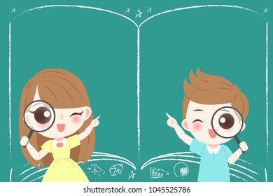 cute cartoon students take magnifying wtih blackboard