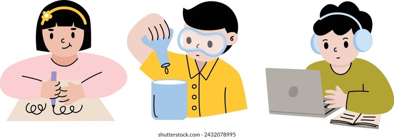 Cute Cartoon Studying Children Set Illustration Vector
