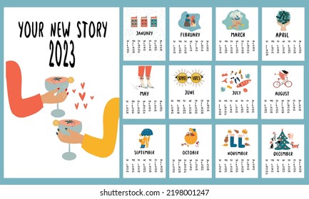 Cute cartoon style 2023 calendar. Vector illustration.