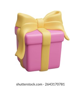 Cute cartoon style 3D pink gift box with yellow ribbon and bow vector illustration. Happy anniversary celebration wrapped gift package. Birthday party decor. Casino bonus win prize 3D surprise box