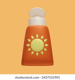 Cute cartoon style 3D spf sunscreen lotion bottle. Bright colorful summer skincare cosmetic product 3D vector illustration. Sun safety UV lights skin protection cream for summer vacation travel.