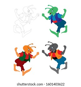 Cute Cartoon Style  Ant In Action Collection. The Ant Coloring Book Vector Illustration