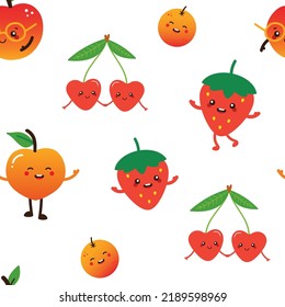 Cute cartoon style apple, strawberry, cherry, orange, peach characters vector seamless pattern background for food and nature design.