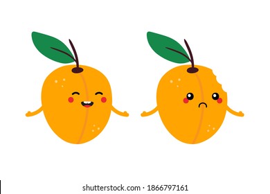 Cute cartoon style apricot characters, happy smiling and sad with bite mark.