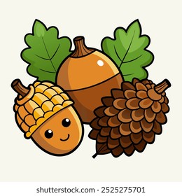 Cute Cartoon Style Autumn Acorns and Pinecone Illustration