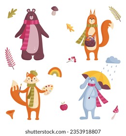 Cute cartoon style autumn set with animals. Set with bear, squirrel, fox and rabbit.
