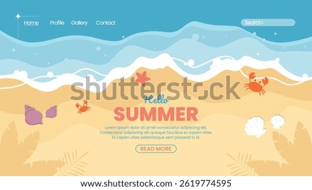 Cute Cartoon Style Beach Background with Crabs, Sea Shells, and Starfish in Flat Design