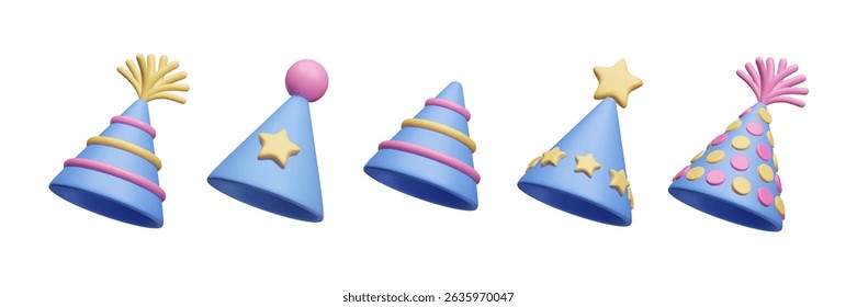 Cute cartoon style blue 3D birthday hats isolated on white. Colorful striped birthday caps with dots, stars and tassels surprise party festive decoration. 3D celebration anniversary holiday icon set.