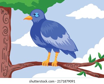 Cute cartoon style blue bird standing on tree branch with blue sky. Flat styled vector drawing illustration of cute small animal bird.