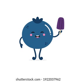 Cute cartoon style blueberry character holding in hand blueberry ice cream, popsicle.
